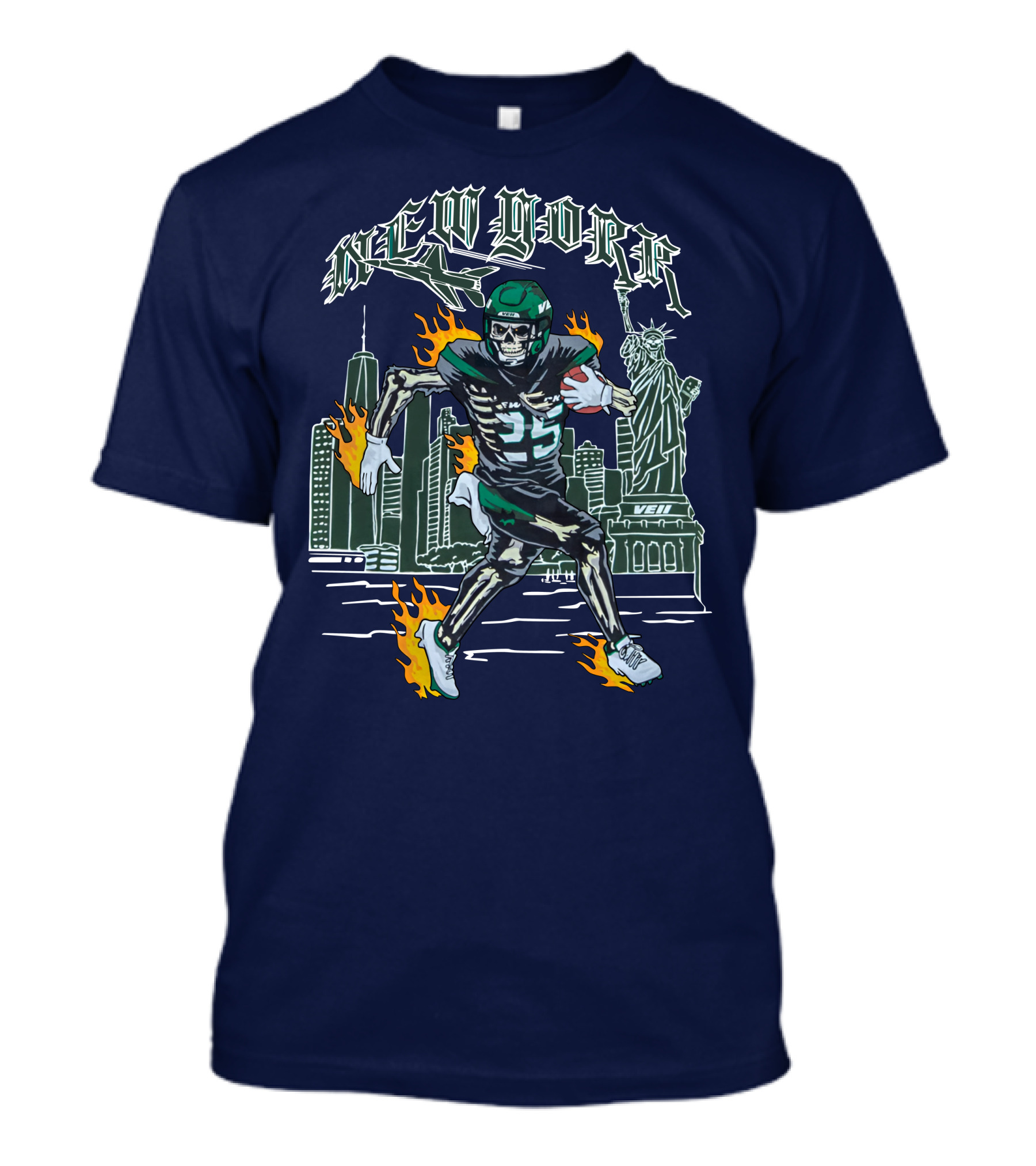 New York Ty Johnson Football Skyline Skeleton Art Flames Statue Of Liberty T-Shirt