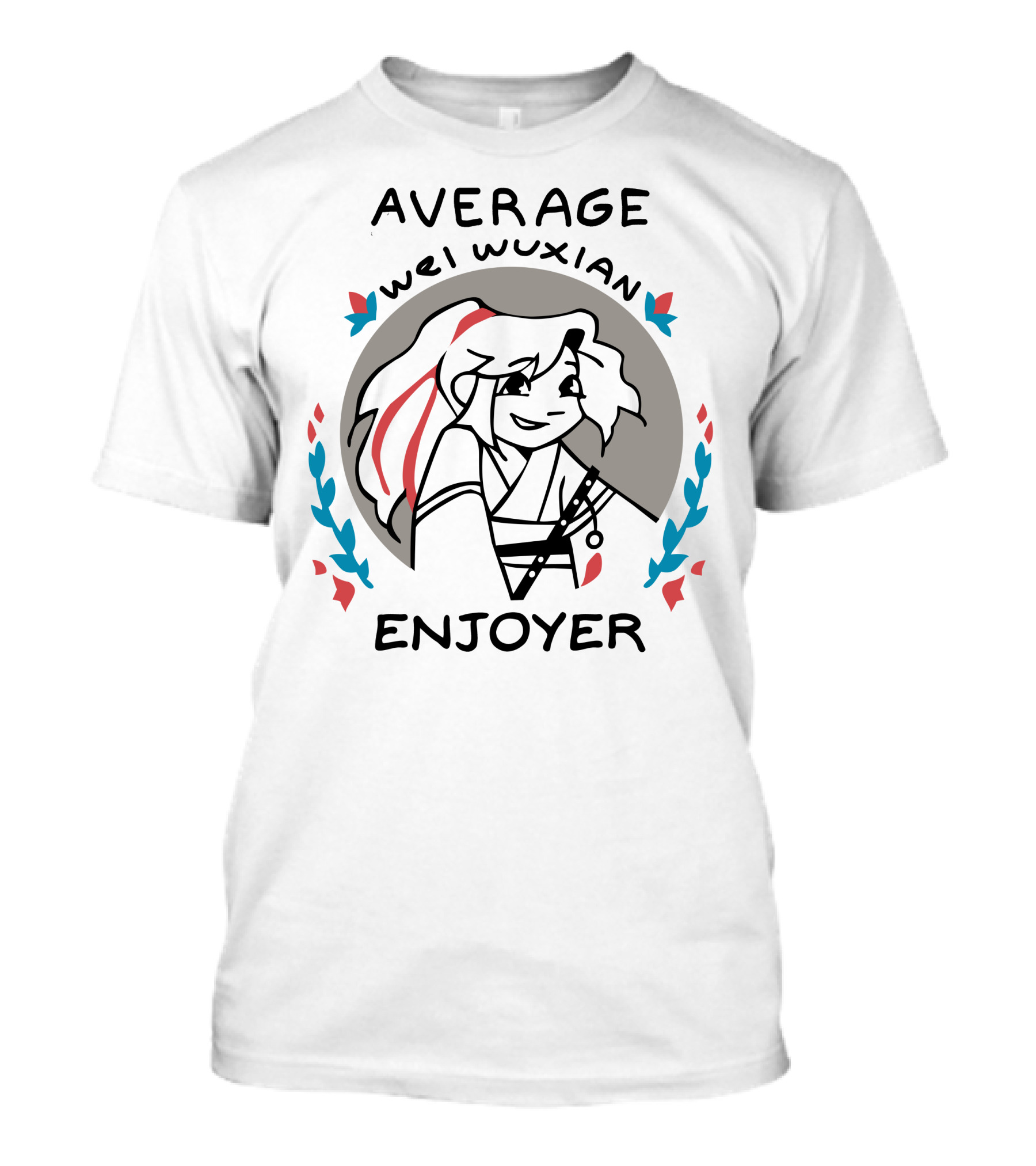 Average Wei Wuxian Enjoyer Emblem With Cartoon Character And Floral Accents T-Shirt
