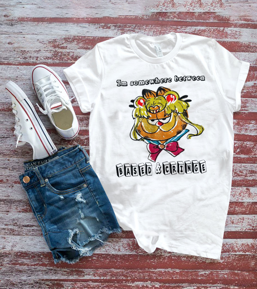 I'm Somewhere Between Based And Cringe With Cartoon Cat Mashup T-Shirt