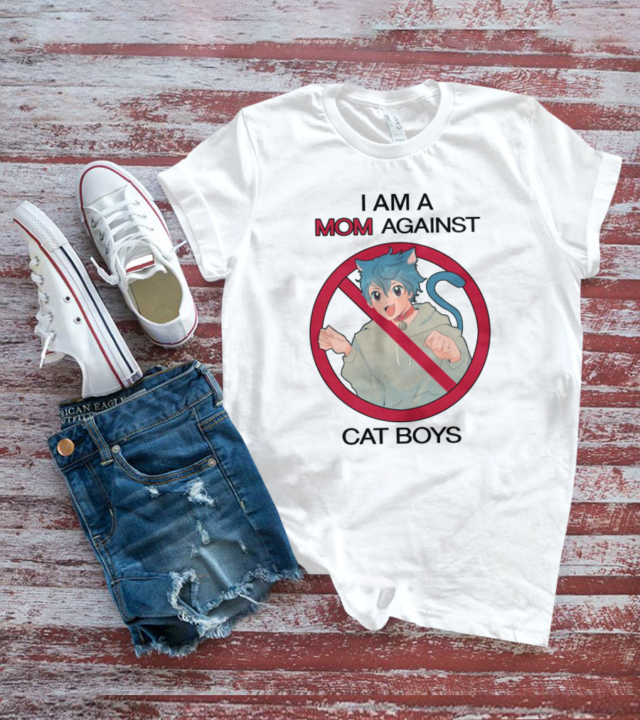 I Am A Mom Against Cat Boys Prohibition Symbol Cartoon Character With Blue Hair And Cat Ears T-Shirt