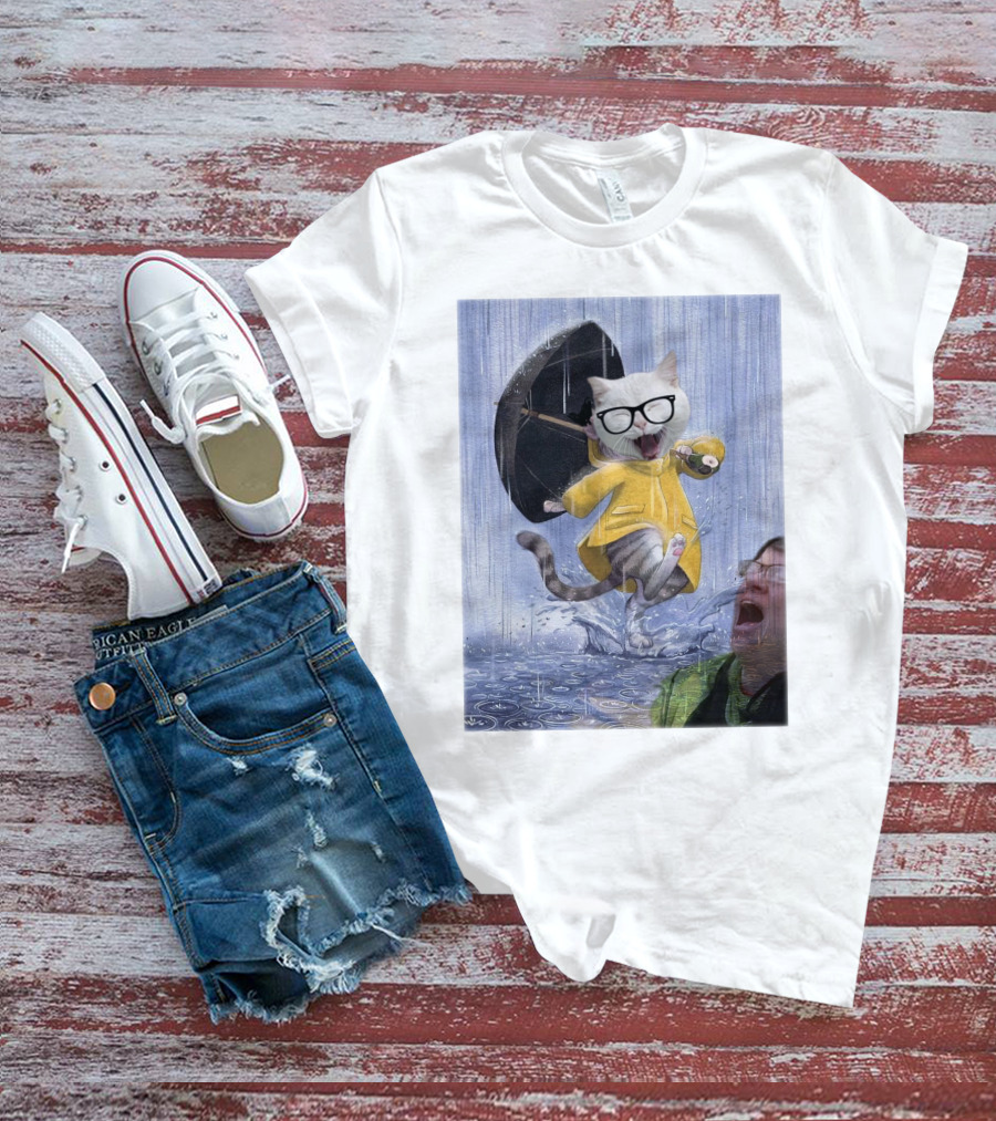 Catturd In Yellow Raincoat With Glasses Holding Umbrella In The Rain T-Shirt