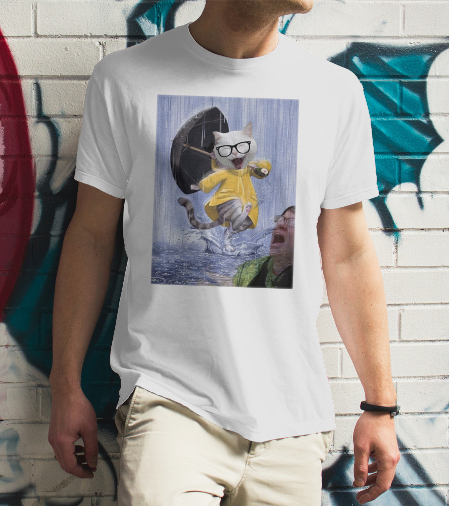 Catturd In Yellow Raincoat With Glasses Holding Umbrella In The Rain T-Shirt