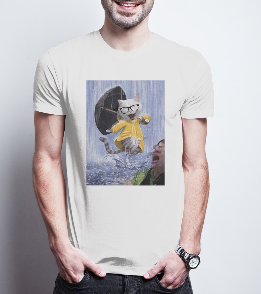 Catturd In Yellow Raincoat With Glasses Holding Umbrella In The Rain T-Shirt