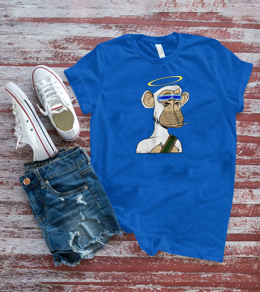 Ginotheghost Bored Ape Yacht Club Angel Halo NFT Ape Blue Background T-Shirt