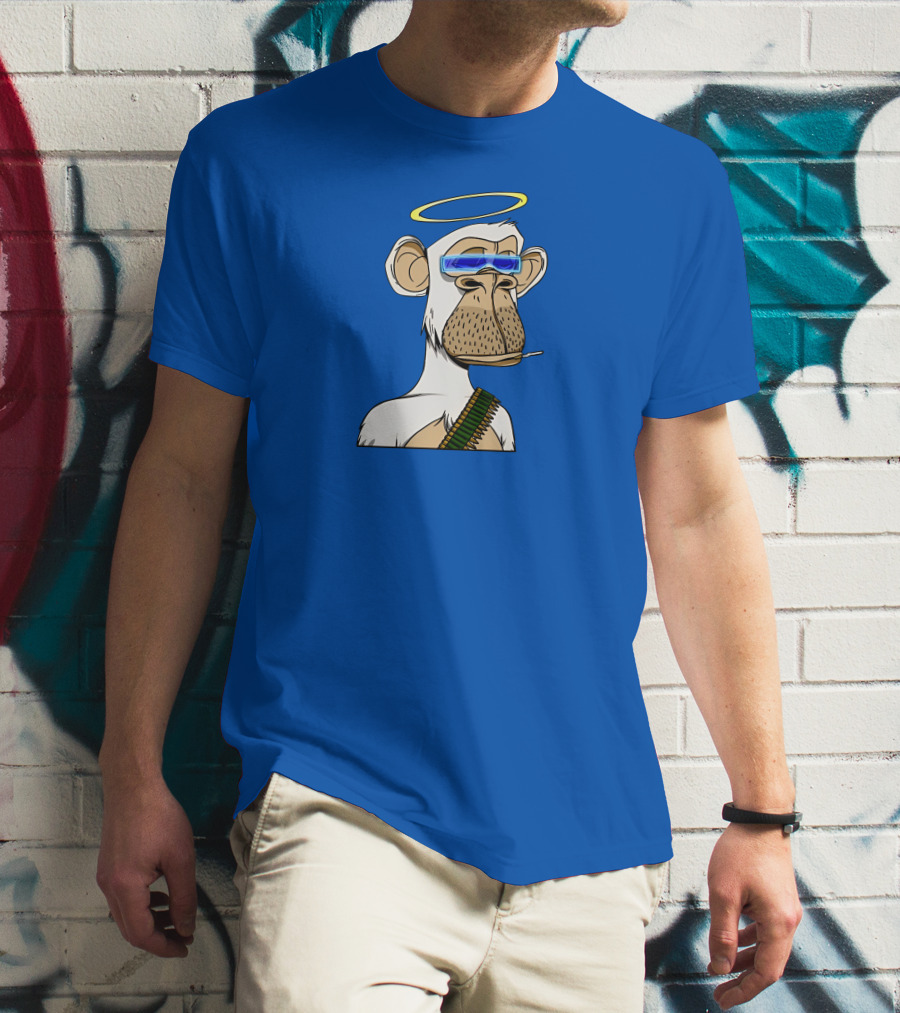 Ginotheghost Bored Ape Yacht Club Angel Halo NFT Ape Blue Background T-Shirt