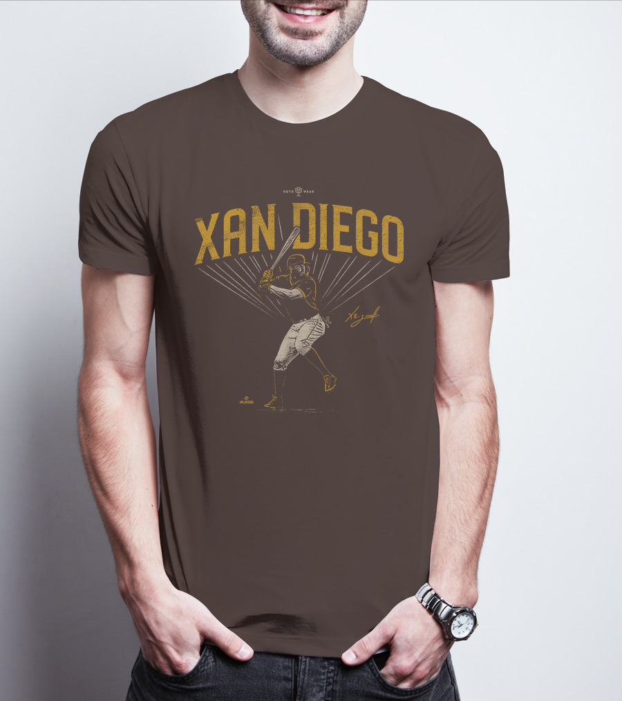 Roto Wear Xan Diego Baseball Player Swinging With Signature T-Shirt