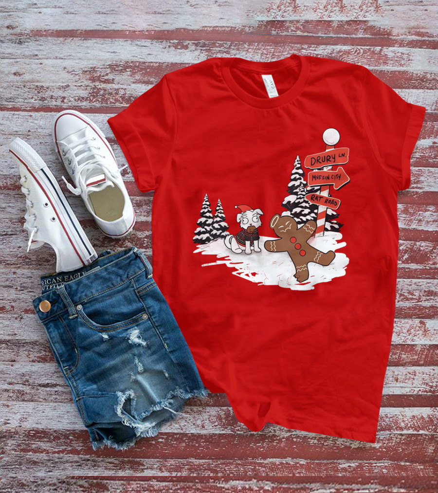 Badboyhalo Holiday Drury Lane Muffin City Rat Road Christmas Dog And Gingerbread Scene T-Shirt