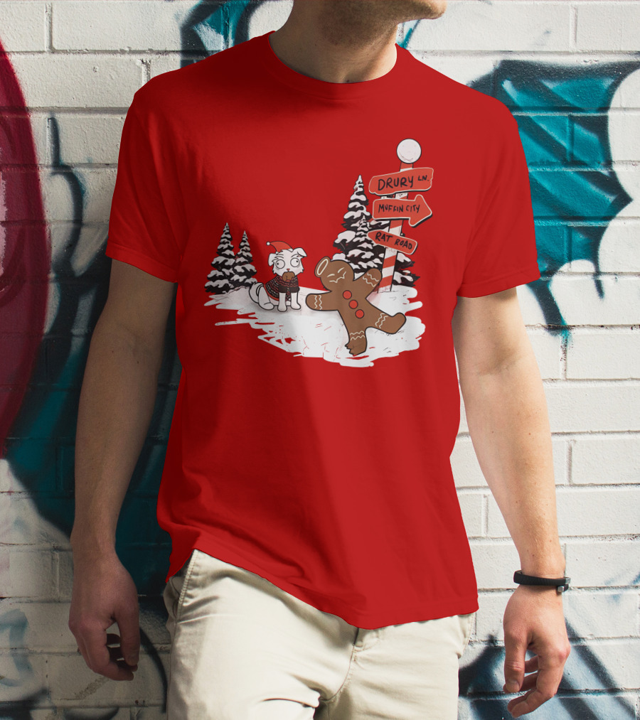 Badboyhalo Holiday Drury Lane Muffin City Rat Road Christmas Dog And Gingerbread Scene T-Shirt