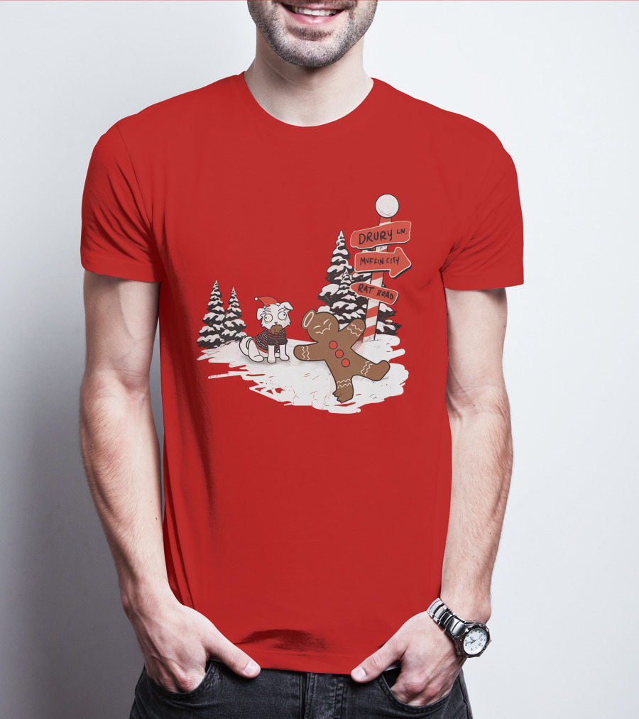Badboyhalo Holiday Drury Lane Muffin City Rat Road Christmas Dog And Gingerbread Scene T-Shirt