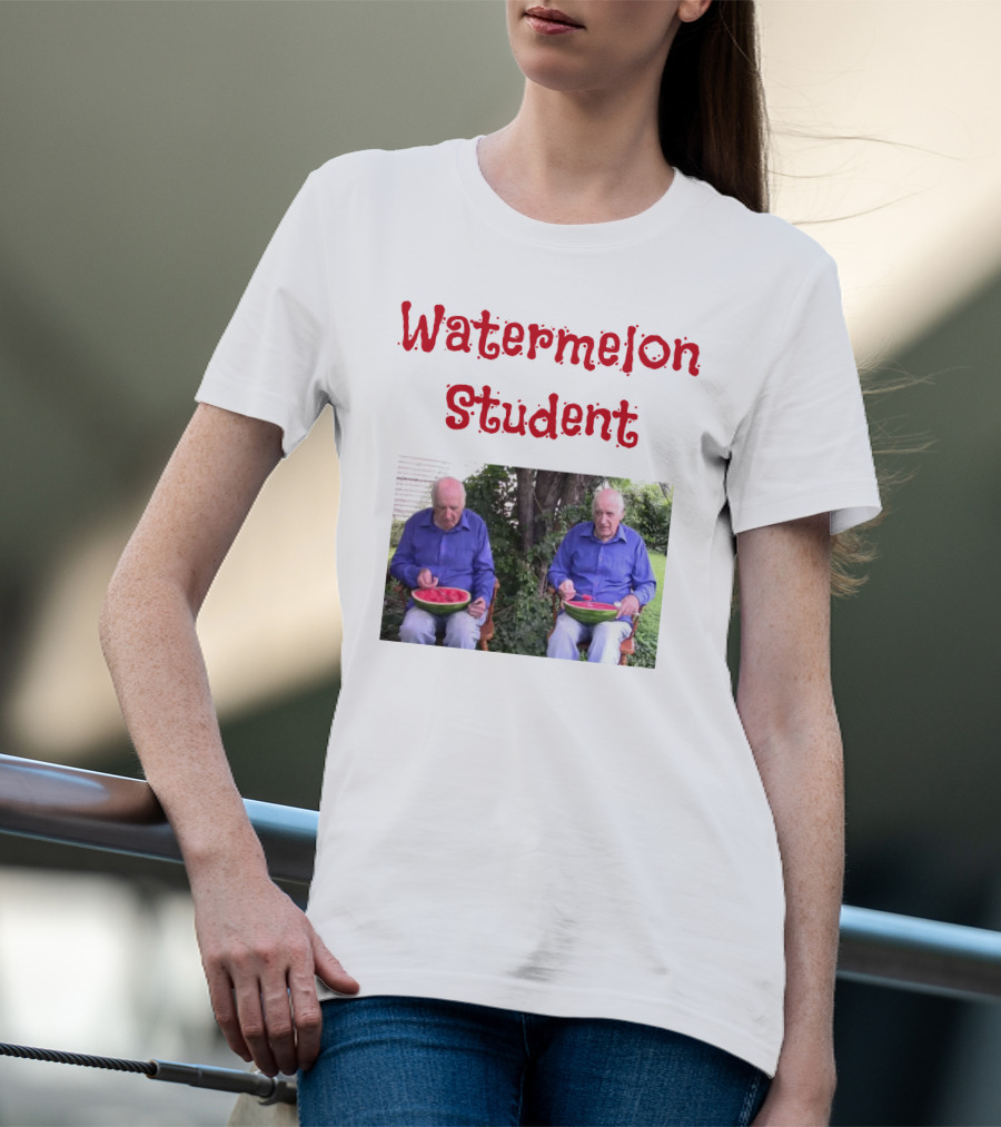 Watermelon Student Eating In Garden With Blue T-Shirt