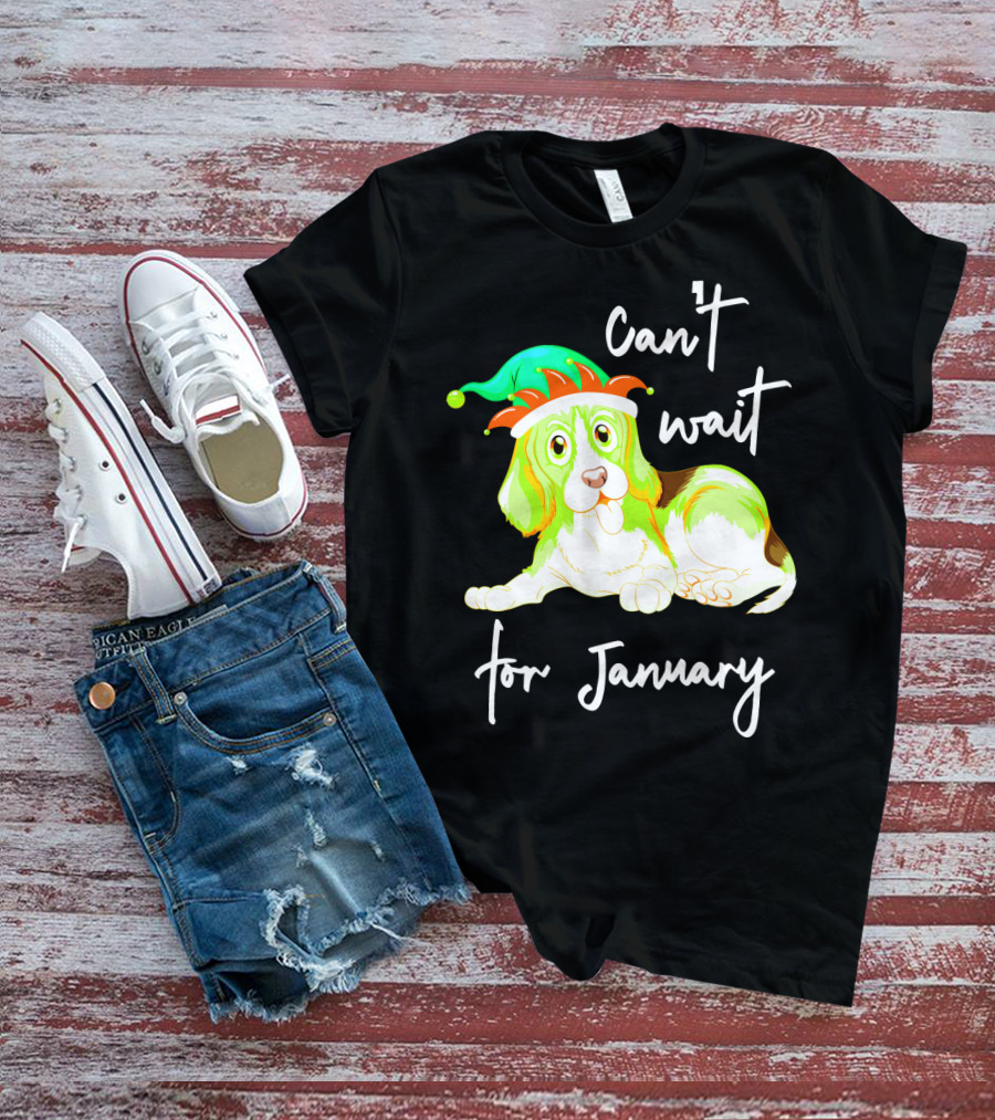 Can't Wait For January Festive Dog With Green And Red Hat T-Shirt