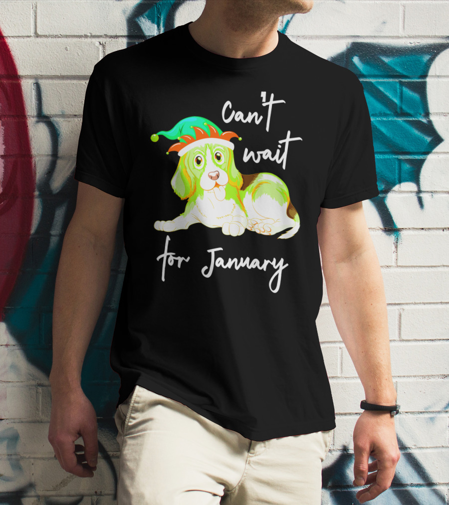 Can't Wait For January Festive Dog With Green And Red Hat T-Shirt