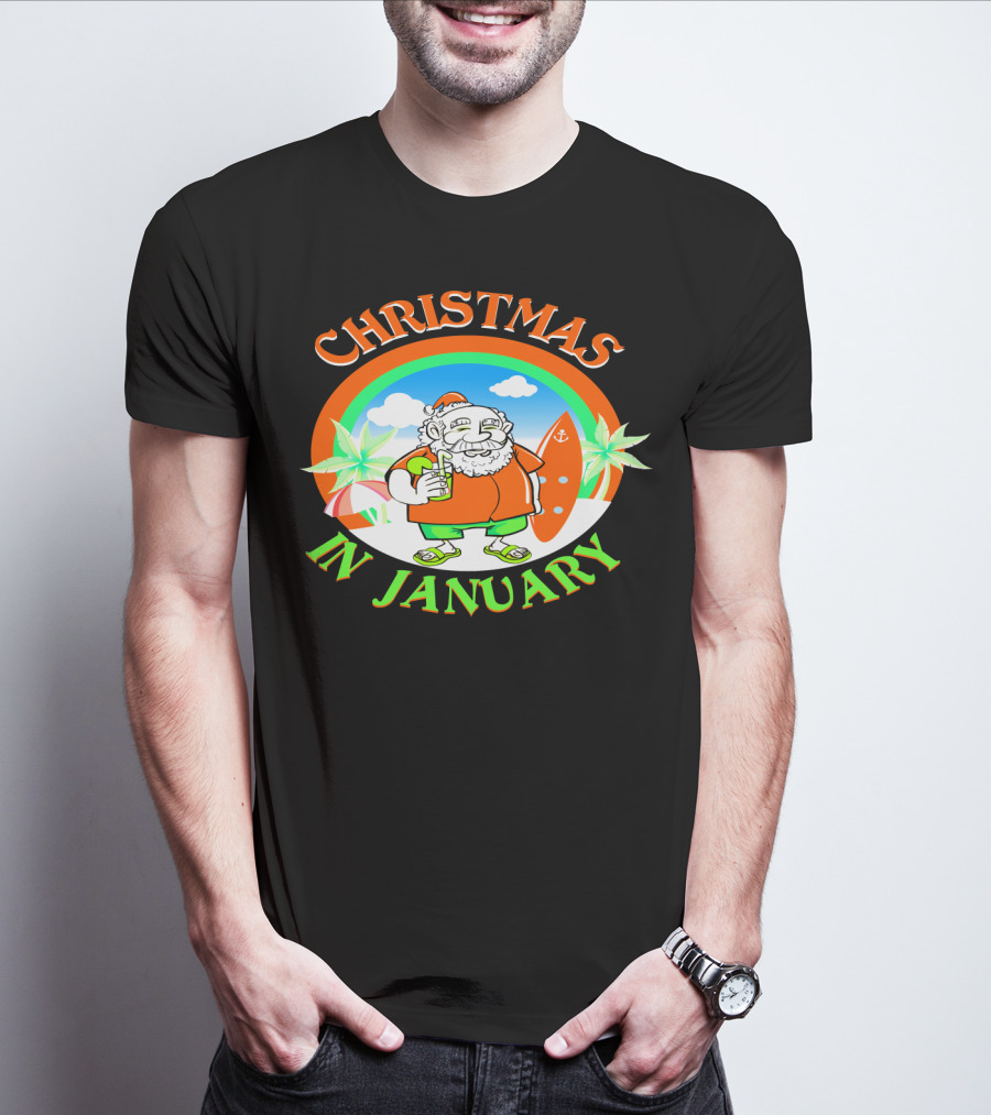 Christmas In January Santa With Surfboard And Drink T-Shirt