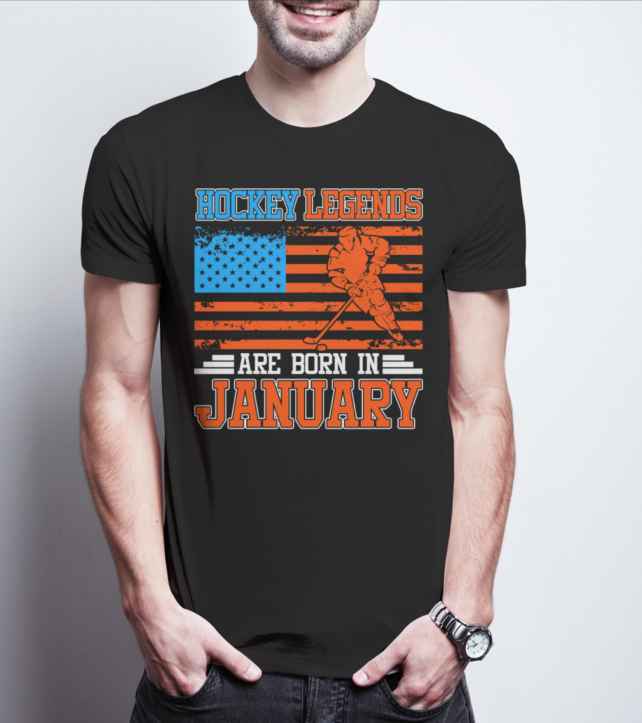 Hockey Legends Are Born In January With American Flag And Skater T-Shirt