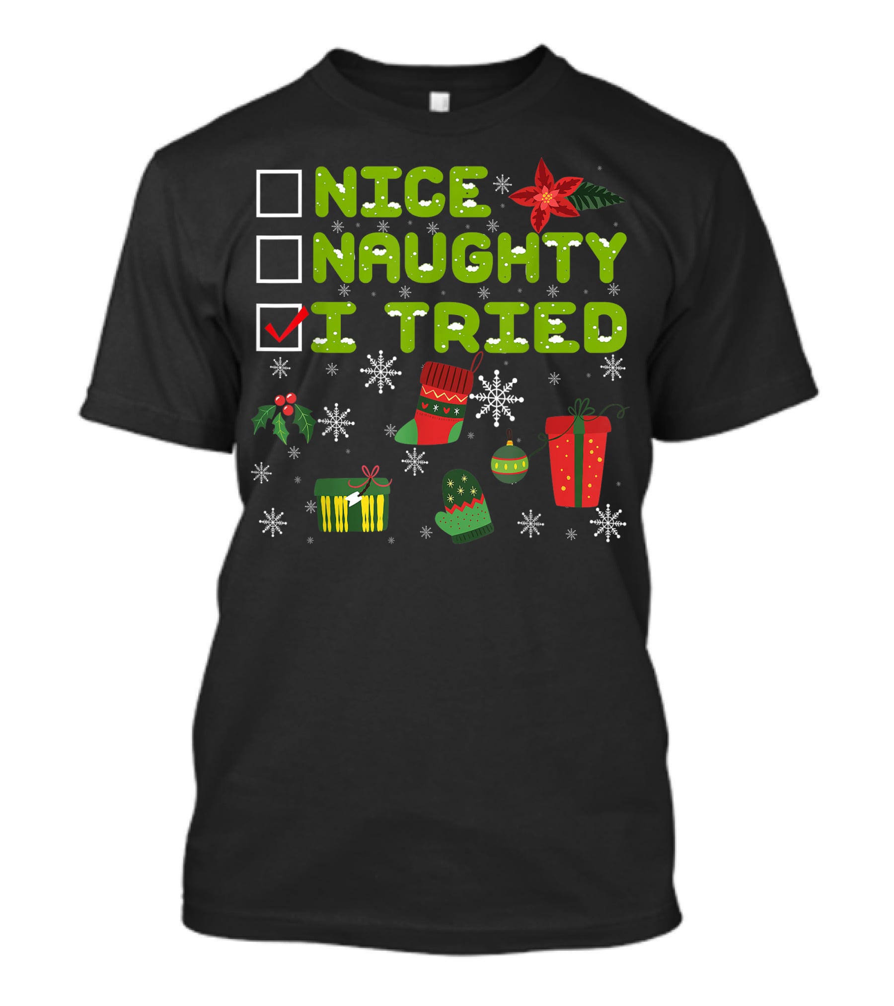Nice Naughty I Tried Checklist Christmas Pajama With Holiday Icons T-Shirt