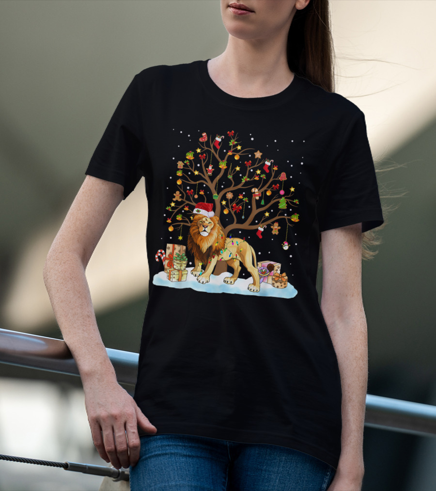 Lion With Christmas Tree Ornaments And Gifts T-Shirt