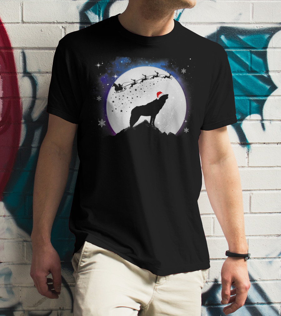 Wolf Santa Hat Full Moon Christmas Night T-Shirt