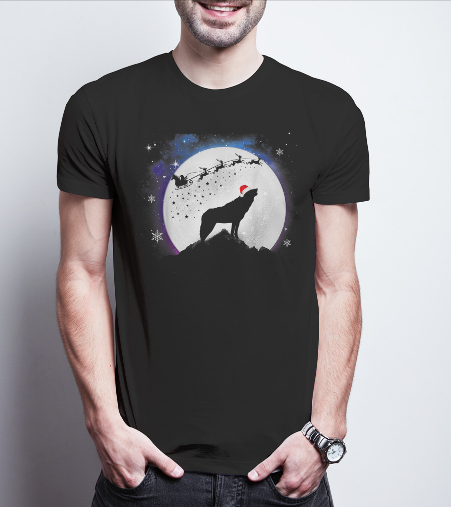 Wolf Santa Hat Full Moon Christmas Night T-Shirt