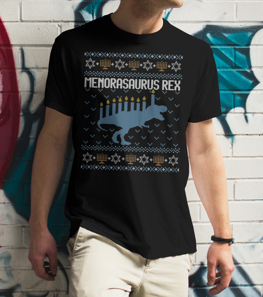 Menorasaurus Rex Hanukkah T-Rex Menorah Candles Star T-Shirt