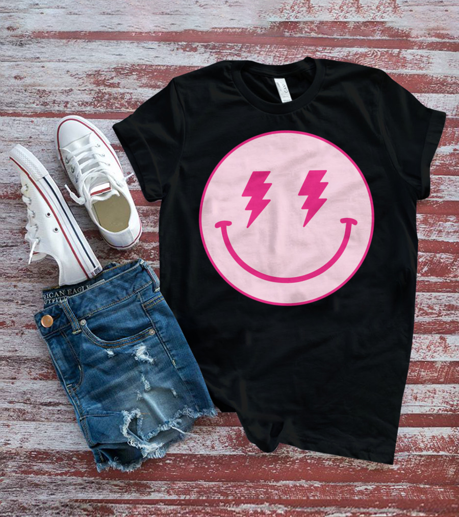 Lightning Bolt Smiley Face Pink Circle T-Shirt