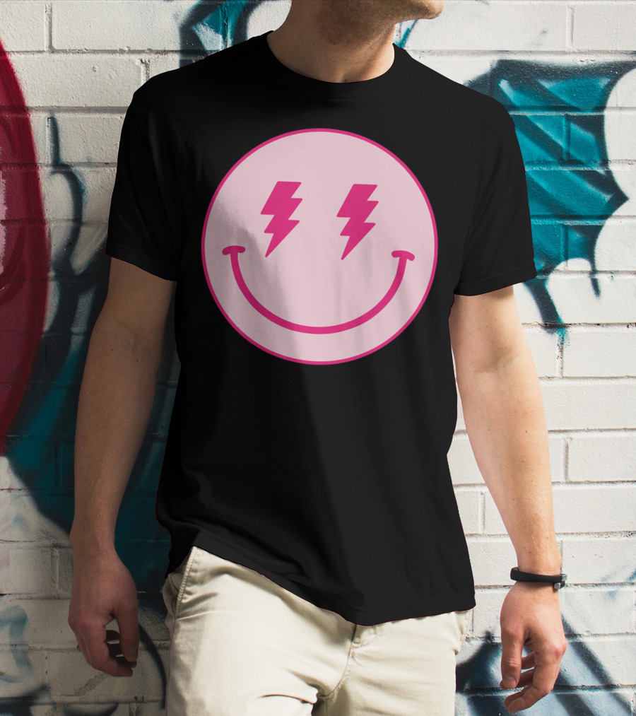 Lightning Bolt Smiley Face Pink Circle T-Shirt