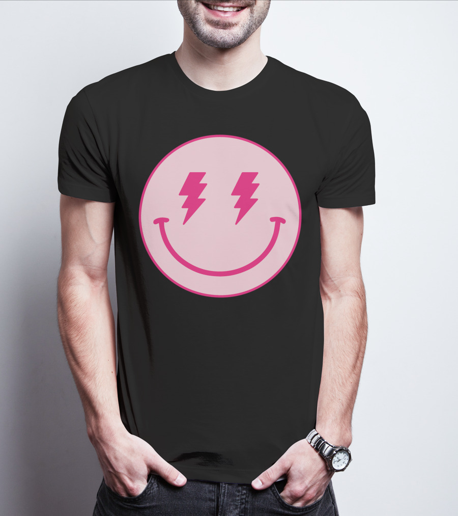 Lightning Bolt Smiley Face Pink Circle T-Shirt