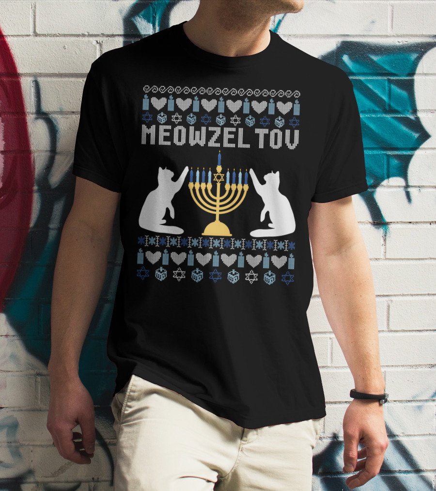 Meowzel Tov Chanukah Cats Menorah Stars Hearts Dreidels T-Shirt