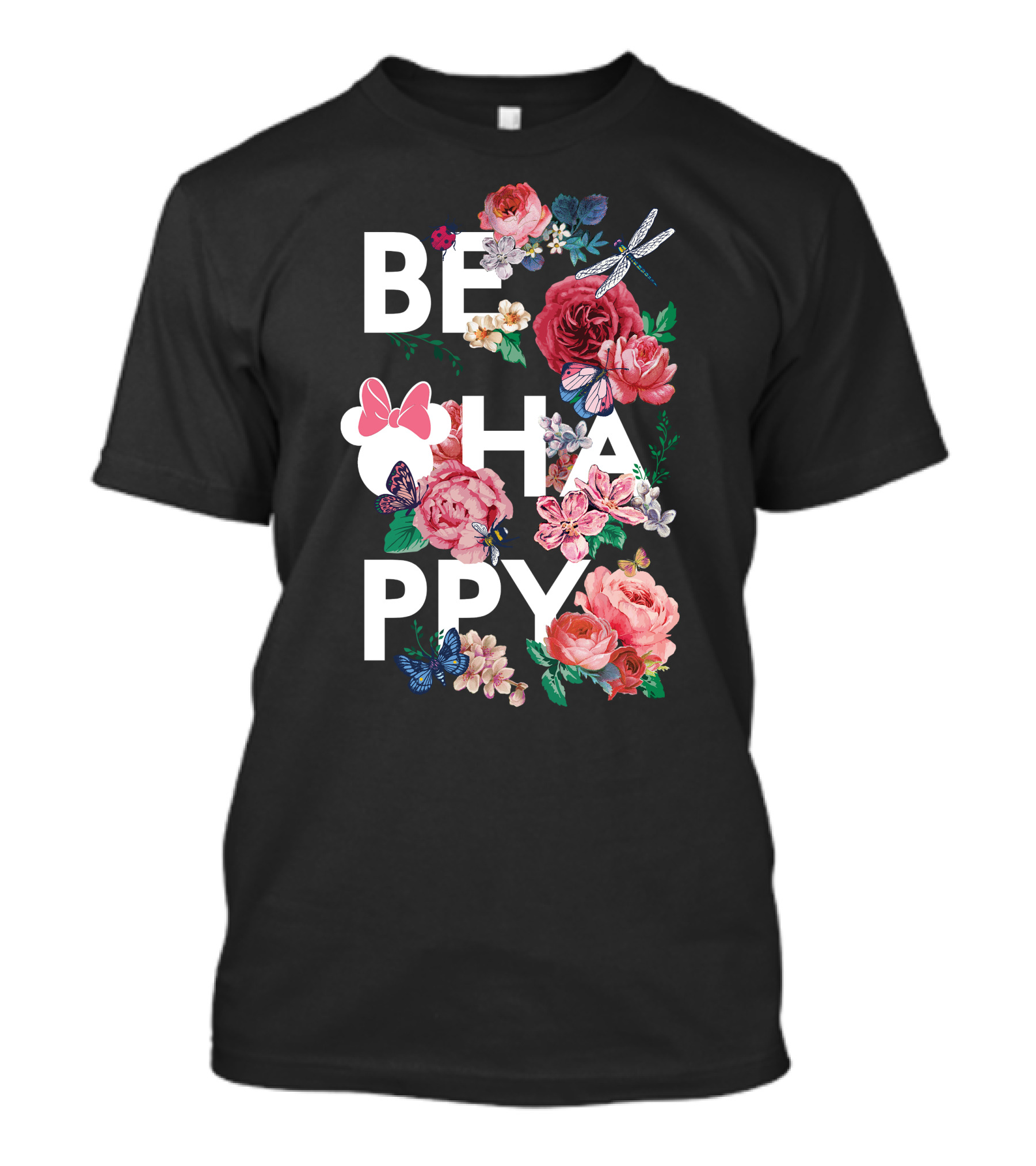 BE HAPPY Floral Minnie Mouse Butterflies And Dragonflies T-Shirt