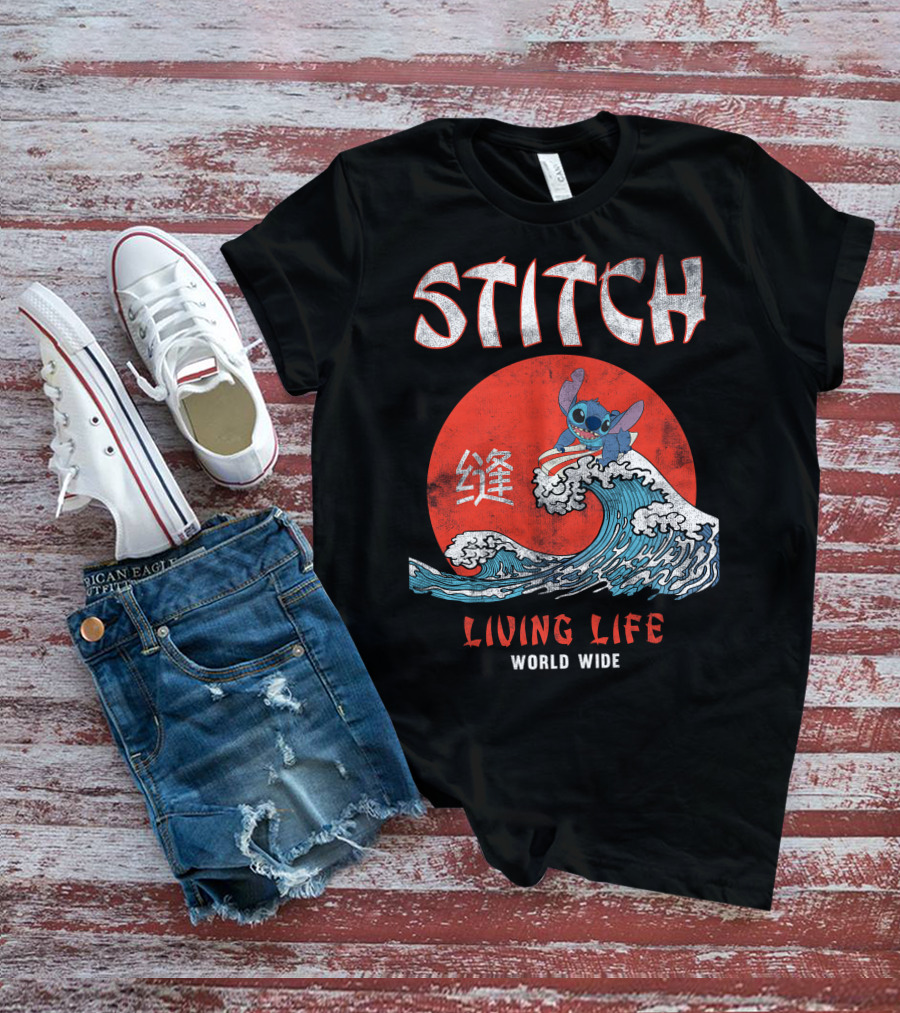 Stitch Living Life World Wide Wave Red Japanese Character T-Shirt