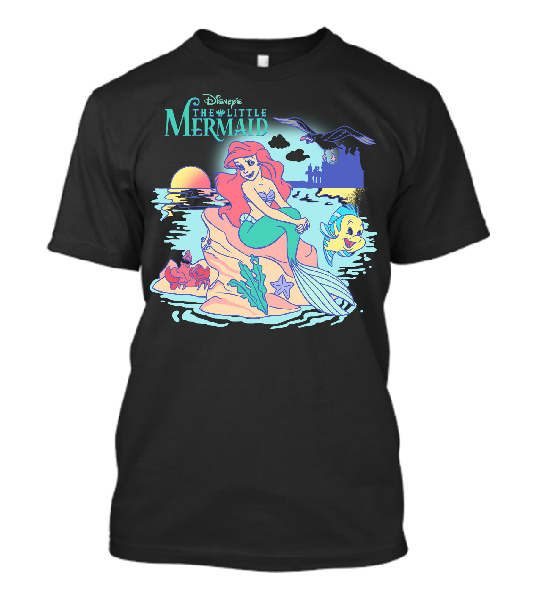Disney's The Little Mermaid Ariel With Flounder And Sebastian By Castle At Sunset T-Shirt
