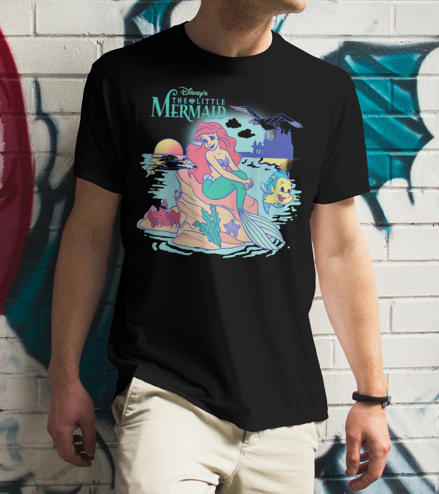Disney's The Little Mermaid Ariel With Flounder And Sebastian By Castle At Sunset T-Shirt