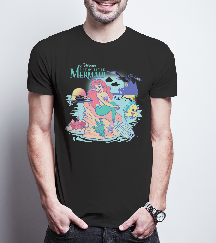 Disney's The Little Mermaid Ariel With Flounder And Sebastian By Castle At Sunset T-Shirt