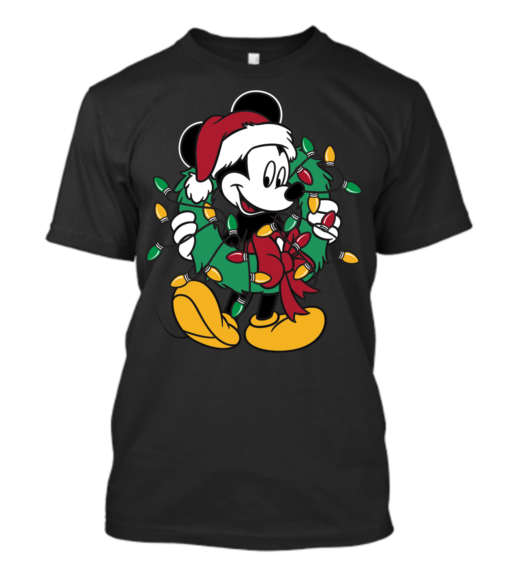 Disney Mickey Mouse Christmas Wreath Lights Santa Hat Holiday Decor T-Shirt