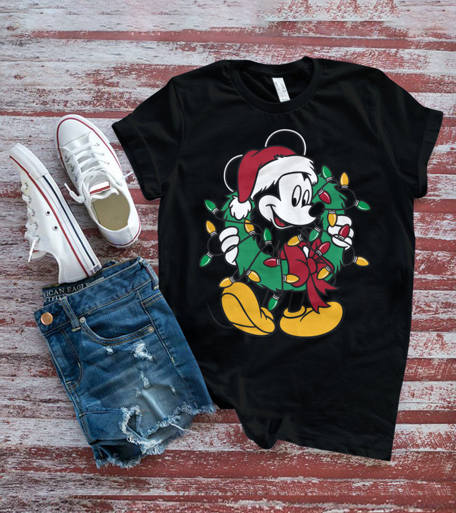 Disney Mickey Mouse Christmas Wreath Lights Santa Hat Holiday Decor T-Shirt
