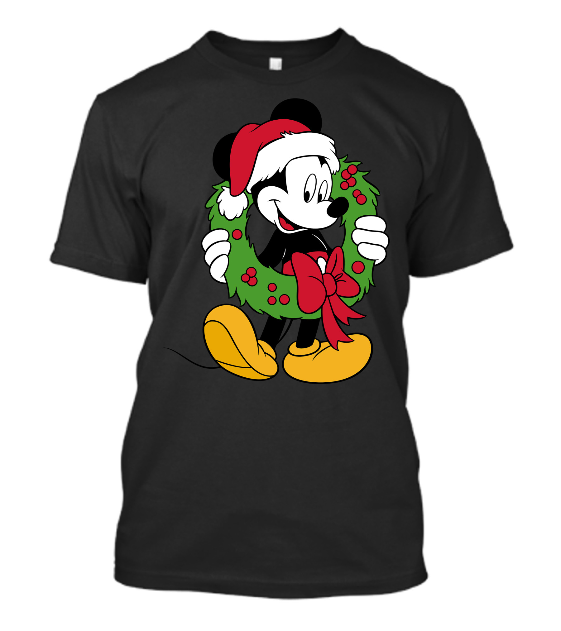 Disney Mickey Mouse Christmas Santa Hat Wreath Bow T-Shirt