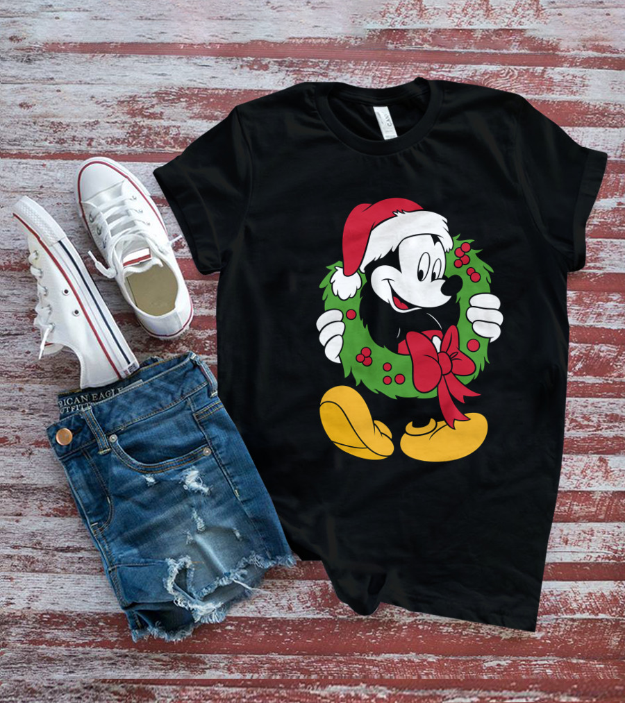 Disney Mickey Mouse Christmas Santa Hat Wreath Bow T-Shirt