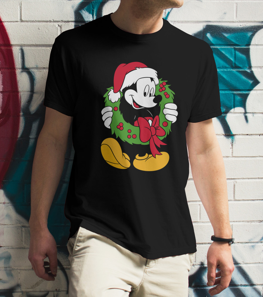 Disney Mickey Mouse Christmas Santa Hat Wreath Bow T-Shirt