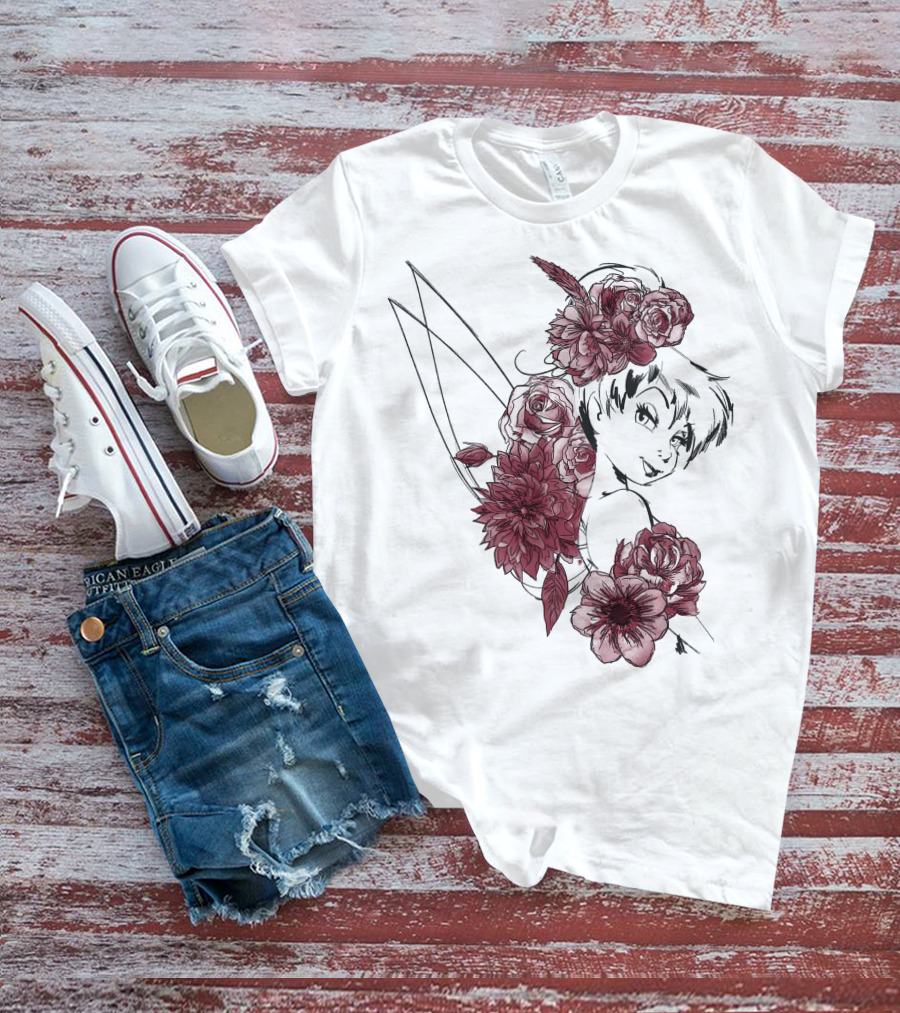 Disney Peter Pan Tinkerbell Red Floral Outline T-Shirt