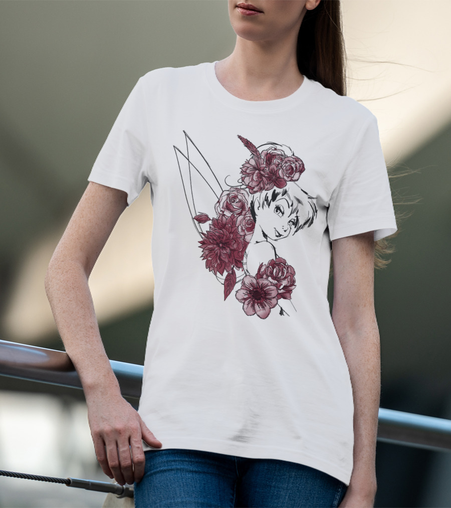 Disney Peter Pan Tinkerbell Red Floral Outline T-Shirt