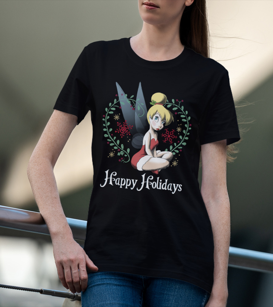 Disney Peter Pan Tinkerbell Happy Holidays Christmas Snowflakes T-Shirt
