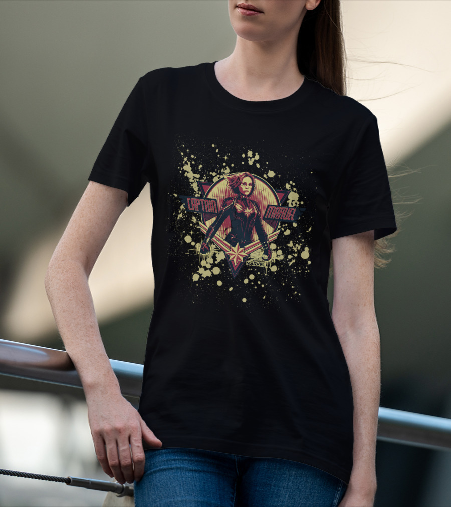 Captain Marvel Cracked Paint Splatter Retro Starburst T-Shirt