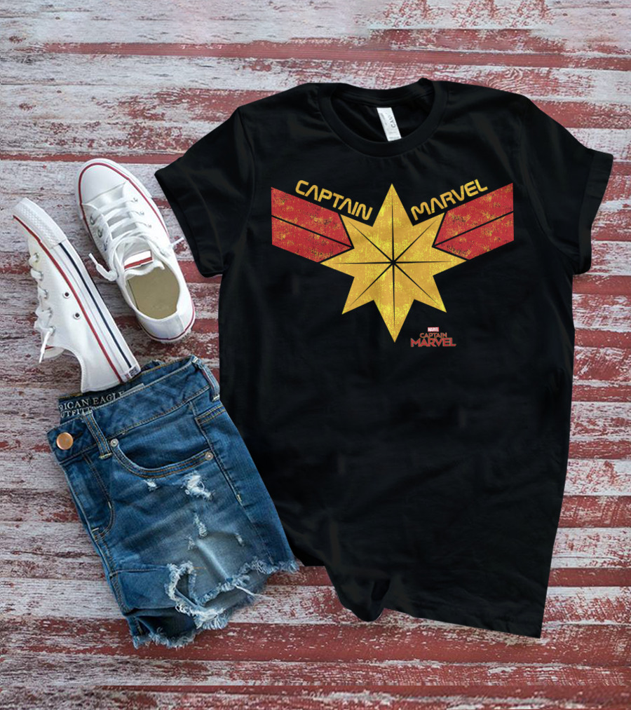 Captain Marvel Distressed Star Emblem With Red Ribbons T-Shirt