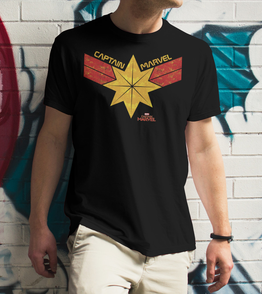 Captain Marvel Distressed Star Emblem With Red Ribbons T-Shirt