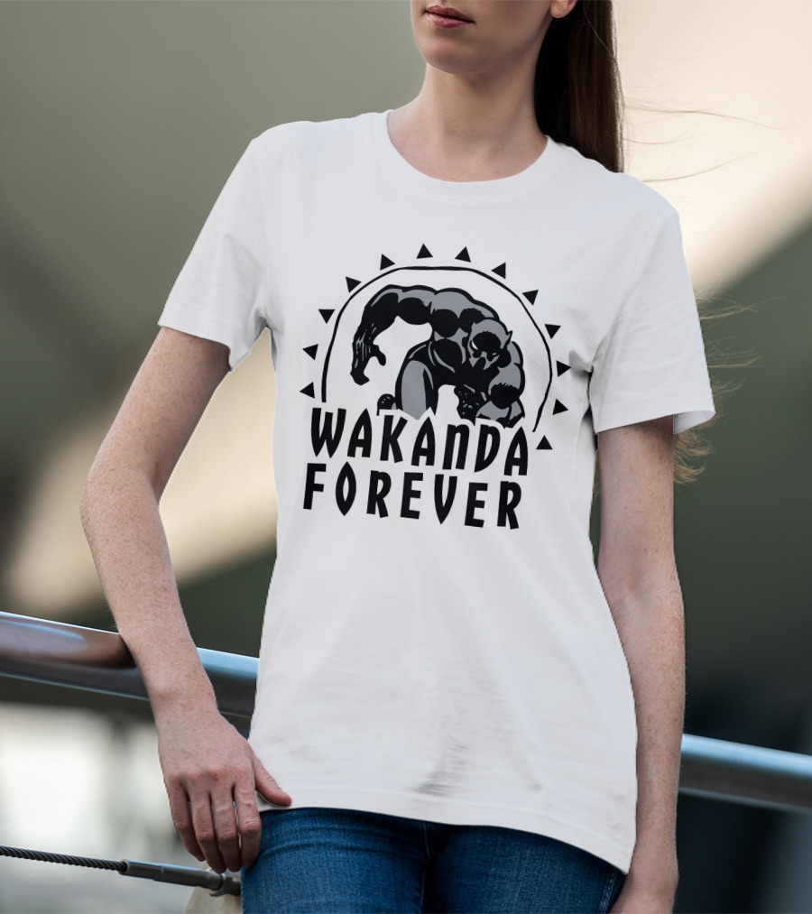 Marvel Black Panther Wakanda Forever Sun Triangles Hero Pose T-Shirt