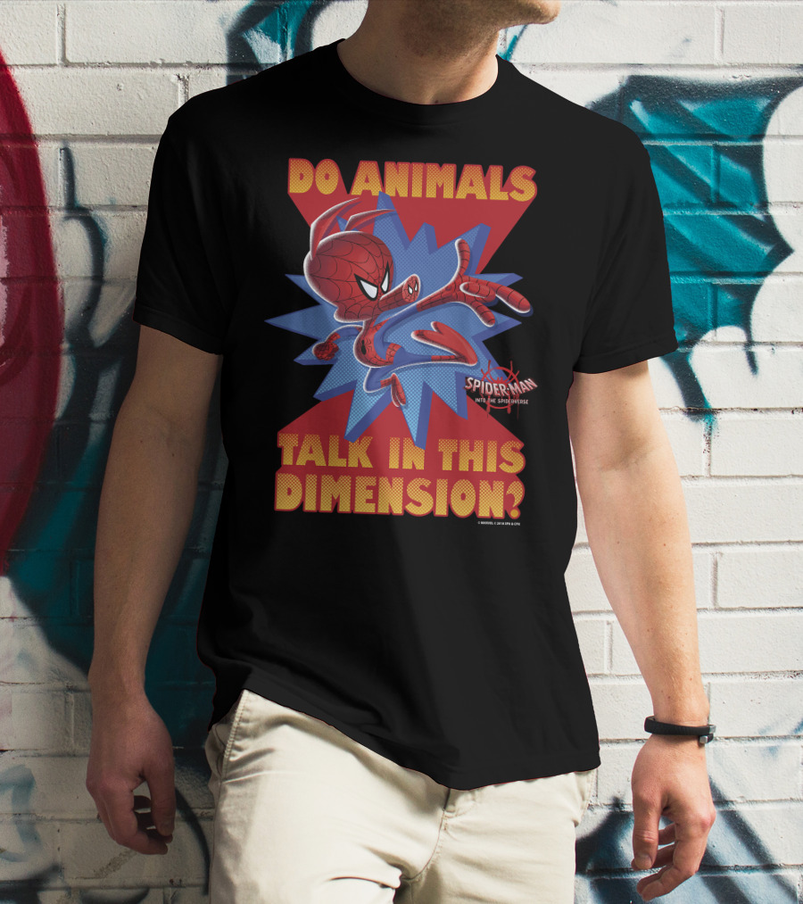 Marvel Spider-Man Into The Spiderverse Do Animals Talk In This Dimension? T-Shirt