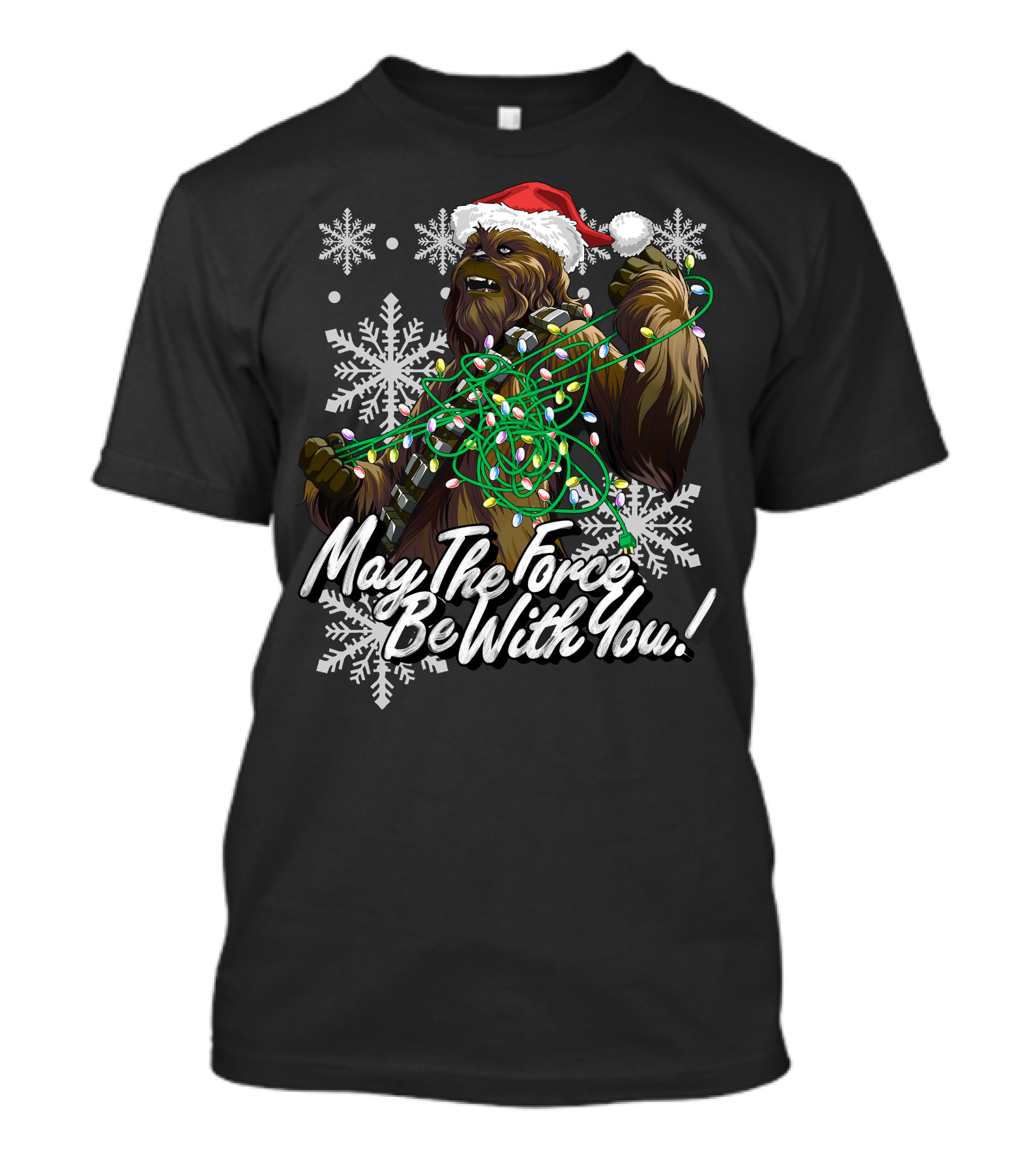 May The Force Be With You Chewbacca Santa Hat Tangled Lights Snowflakes T-Shirt