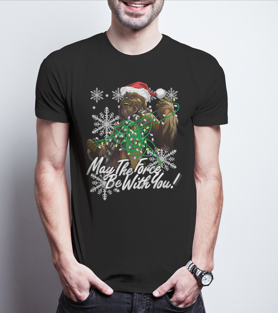May The Force Be With You Chewbacca Santa Hat Tangled Lights Snowflakes T-Shirt