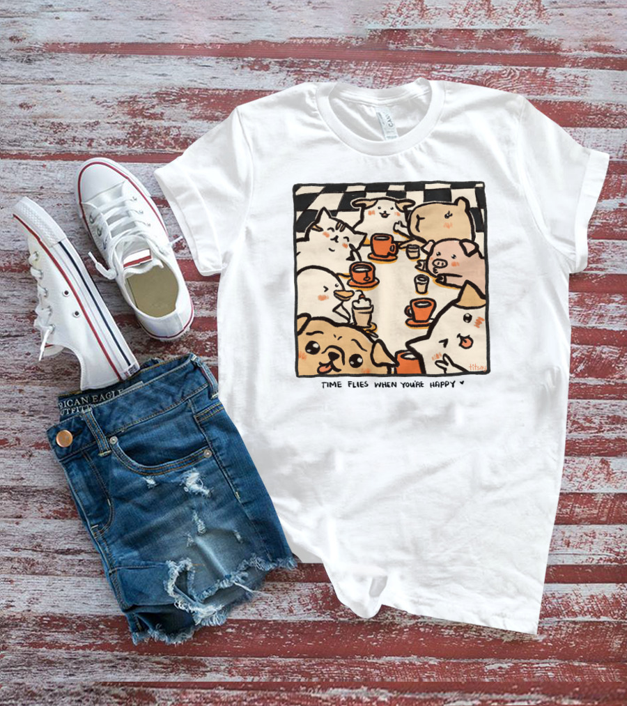 Time Flies When You're Happy With Cute Animals At Coffee Table T-Shirt