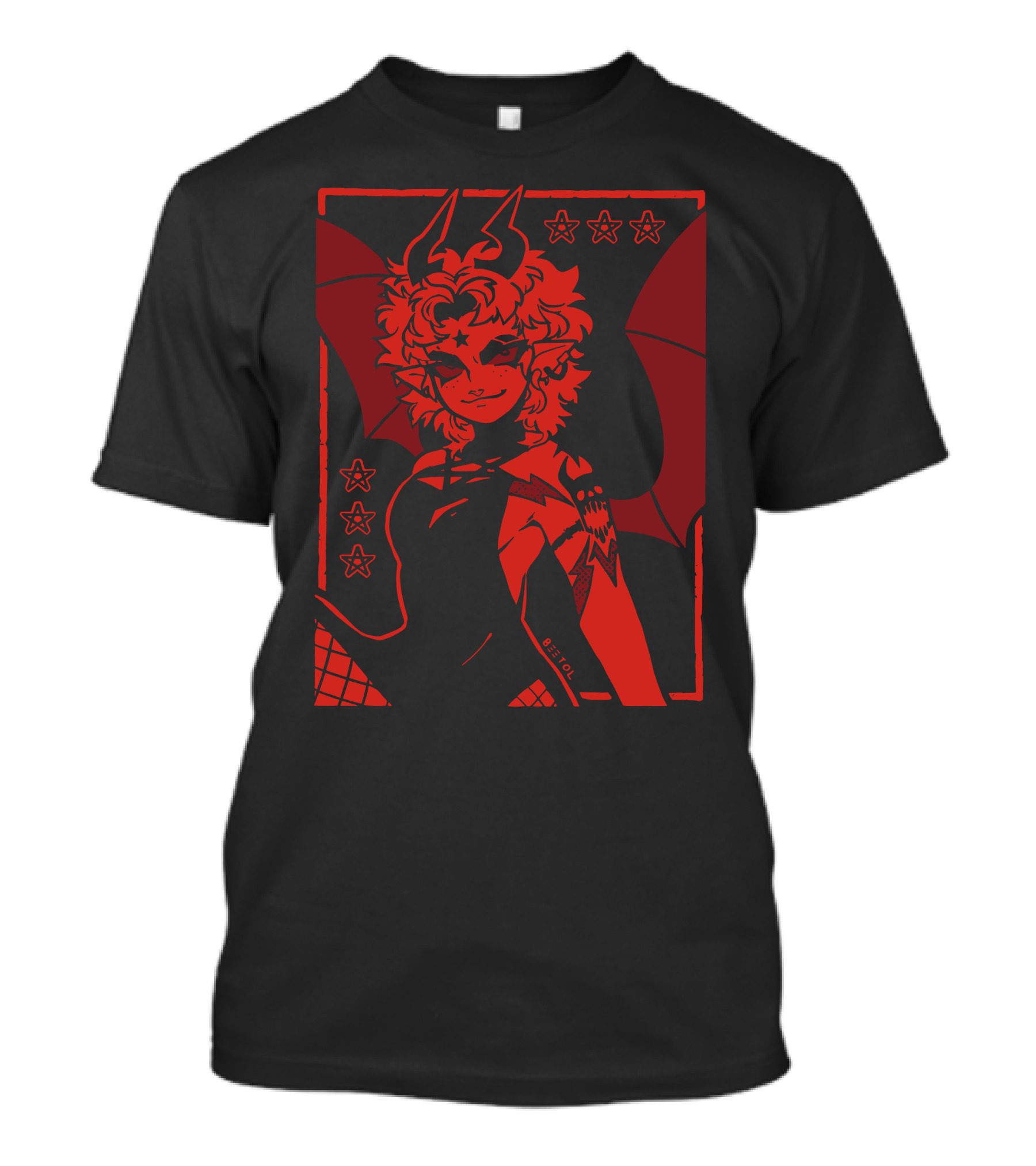 He's Satanic Red Devil Horned Figure With Bat Wings And Stars By Bitol T-Shirt