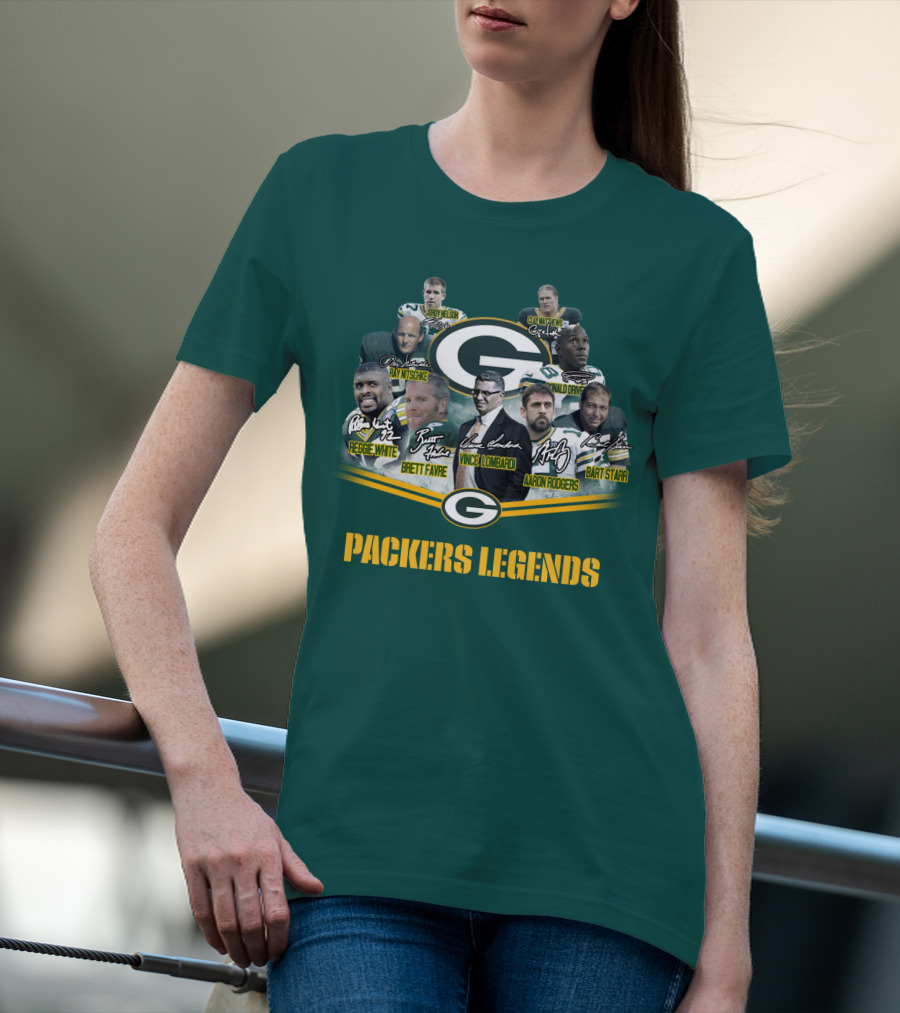 Packers Legends Vince Lombardi Reggie White Brett Favre Aaron Rodgers Ray Nitschke Bart Starr Curly Lambeau Paul Hornung T-Shirt